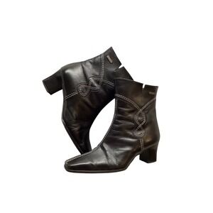 Gabor Tex Black Leather Square Toe Heeled Ankle Boots Women
